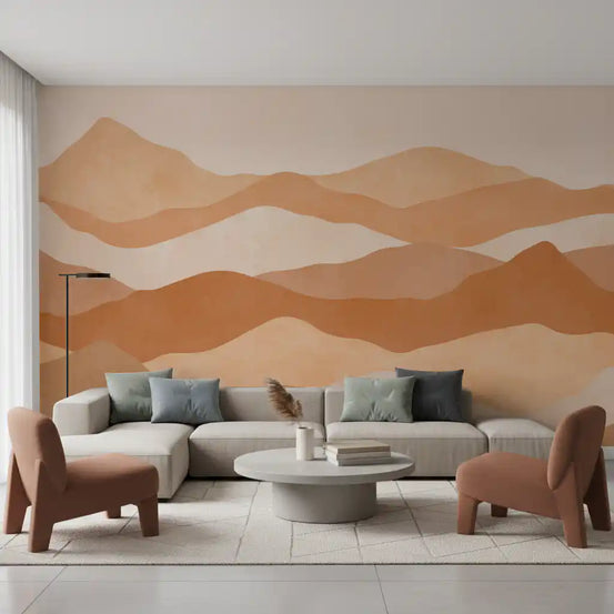 Living room feature surface dressed in the warm Terracotta Hills wall mural