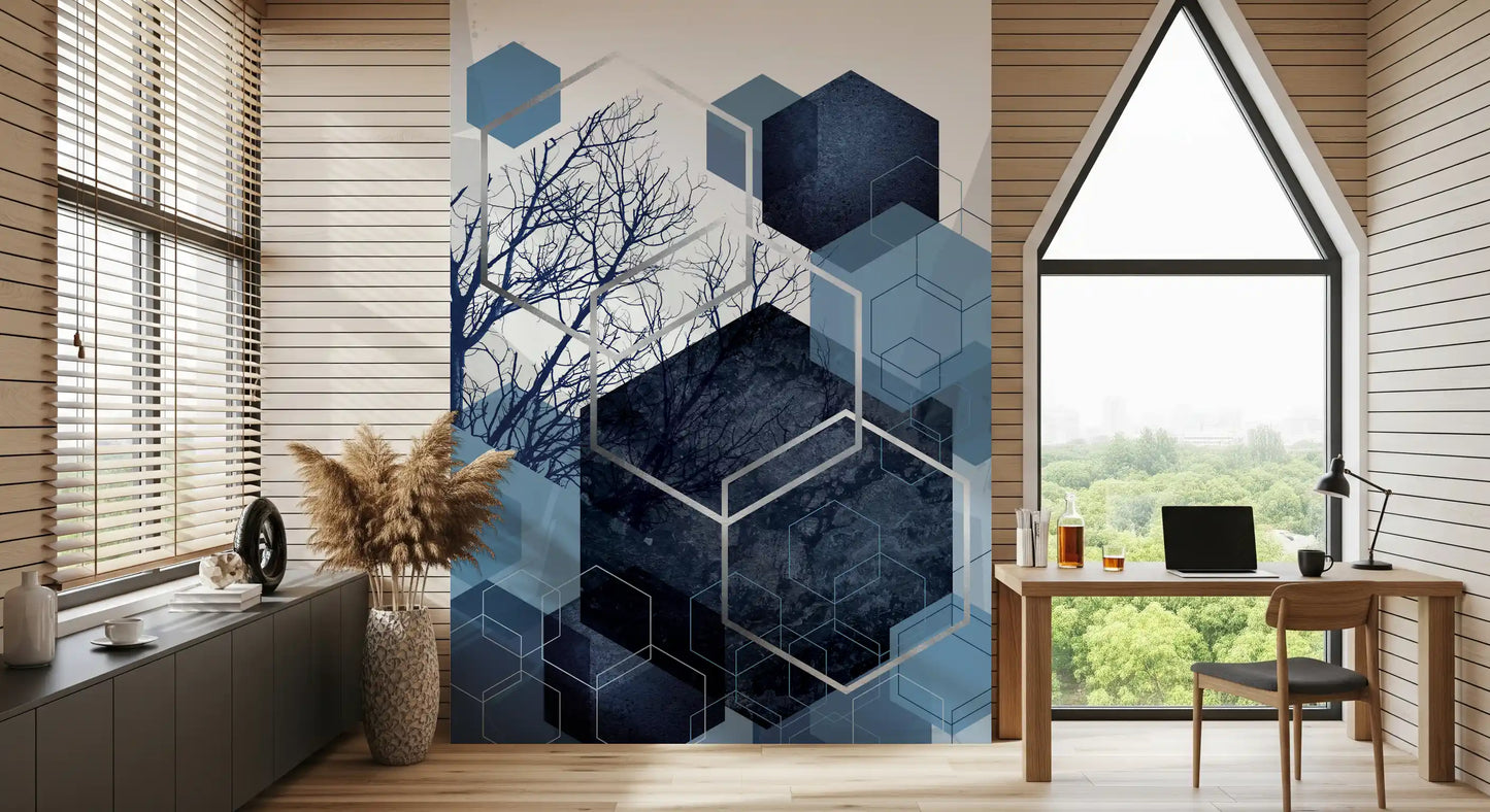 Indigo Hexagon Horizon Vægmaleri