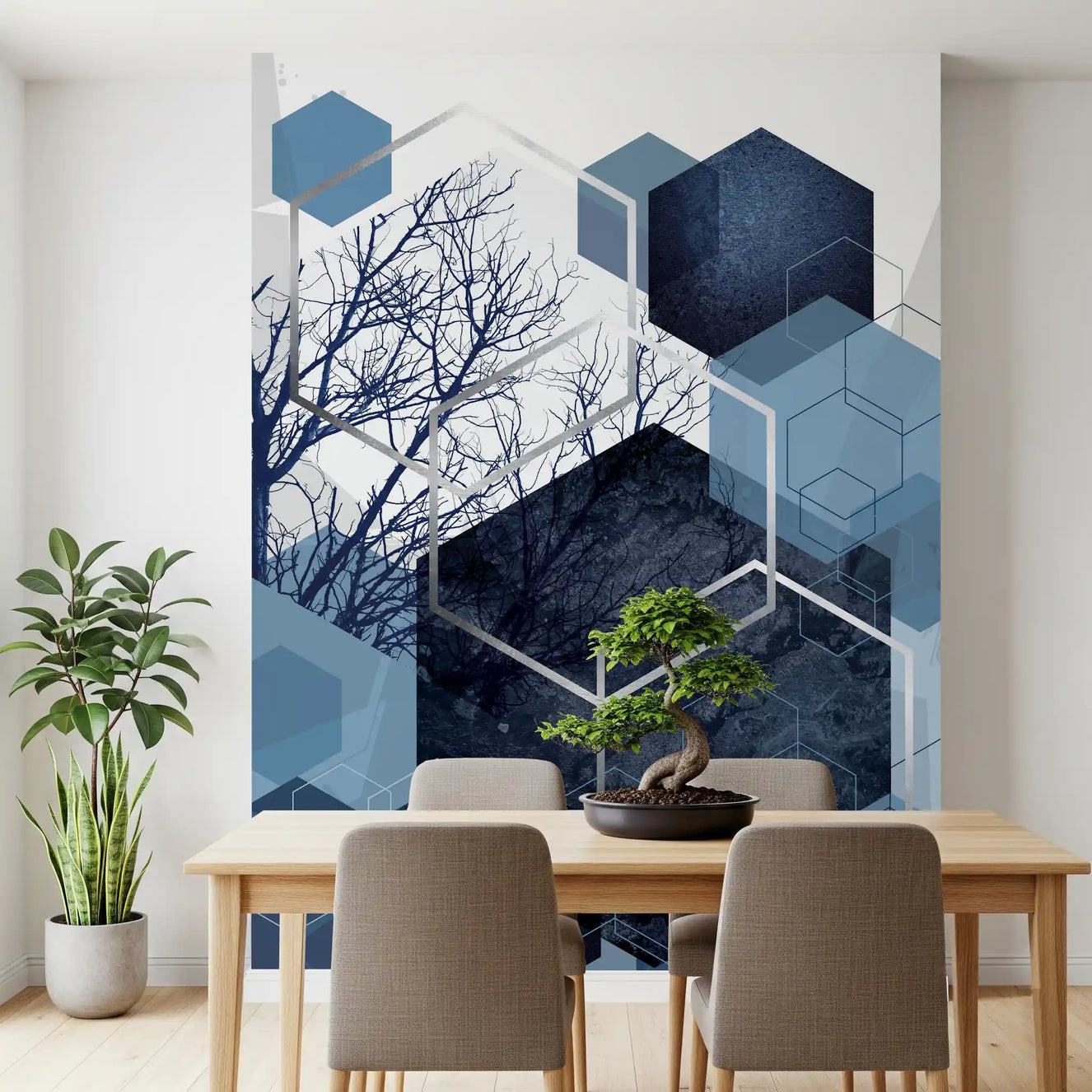 Dining room nook with Indigo Hexagon Horizon wall mural 