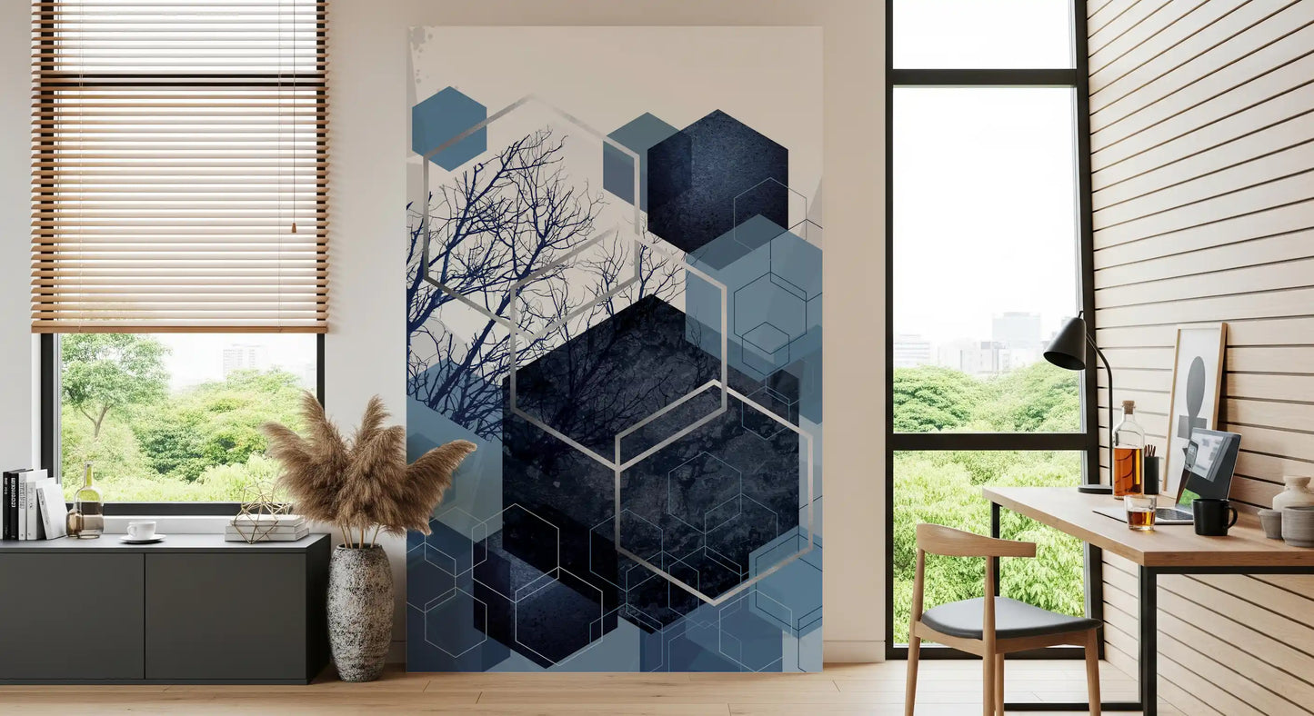 Indigo Hexagon Horizon Vægmaleri