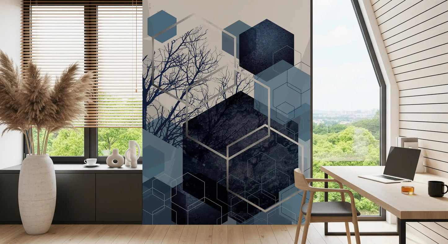 Indigo Hexagon Horizon Vægmaleri