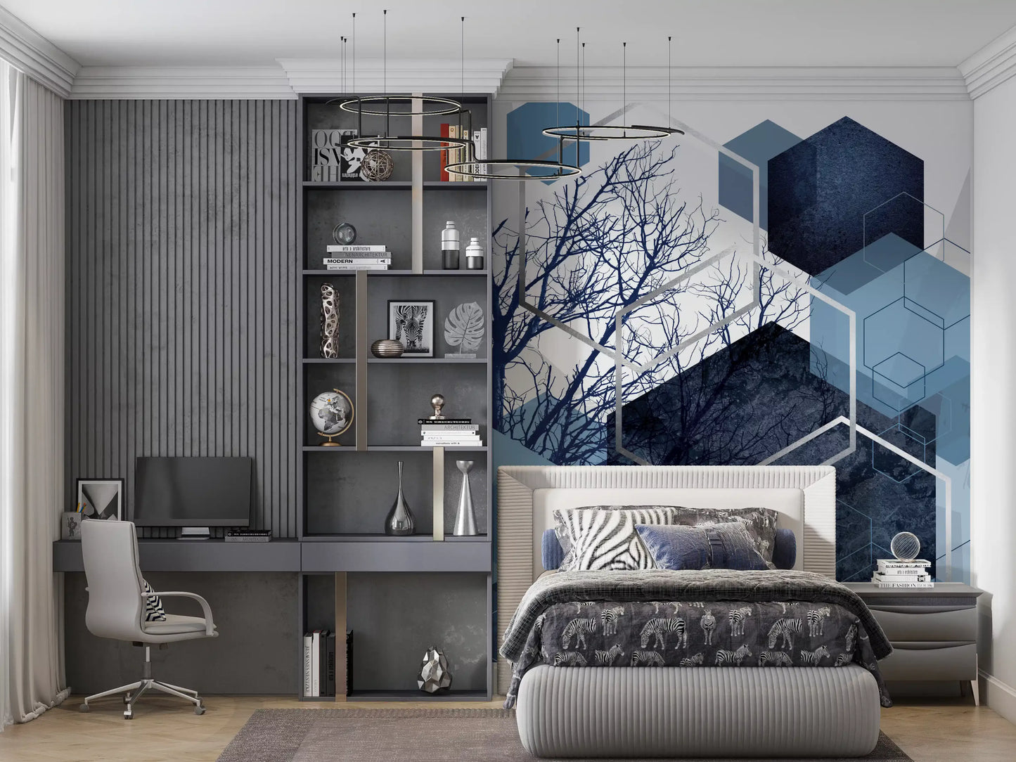 Indigo Hexagon Horizon Vægmaleri