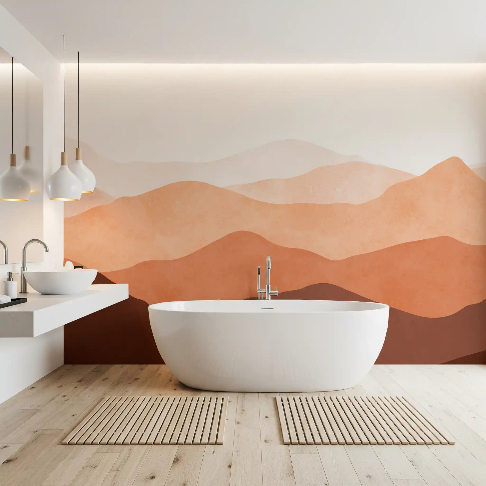 Bright bathroom finished with the Earthy Ridge Panorama wall mural 