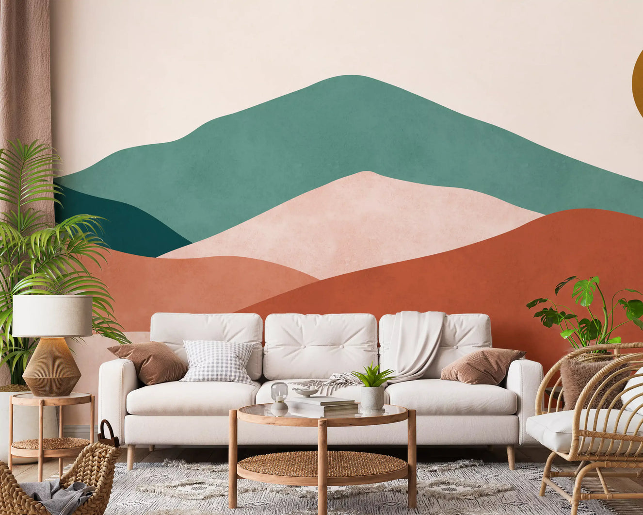 Living room styled around the Desert Horizon Layers wall mural 
