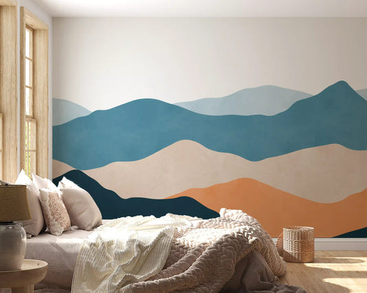 Bedroom grounded by the calm ridge palette of this Desert Horizon Layers wall mural
