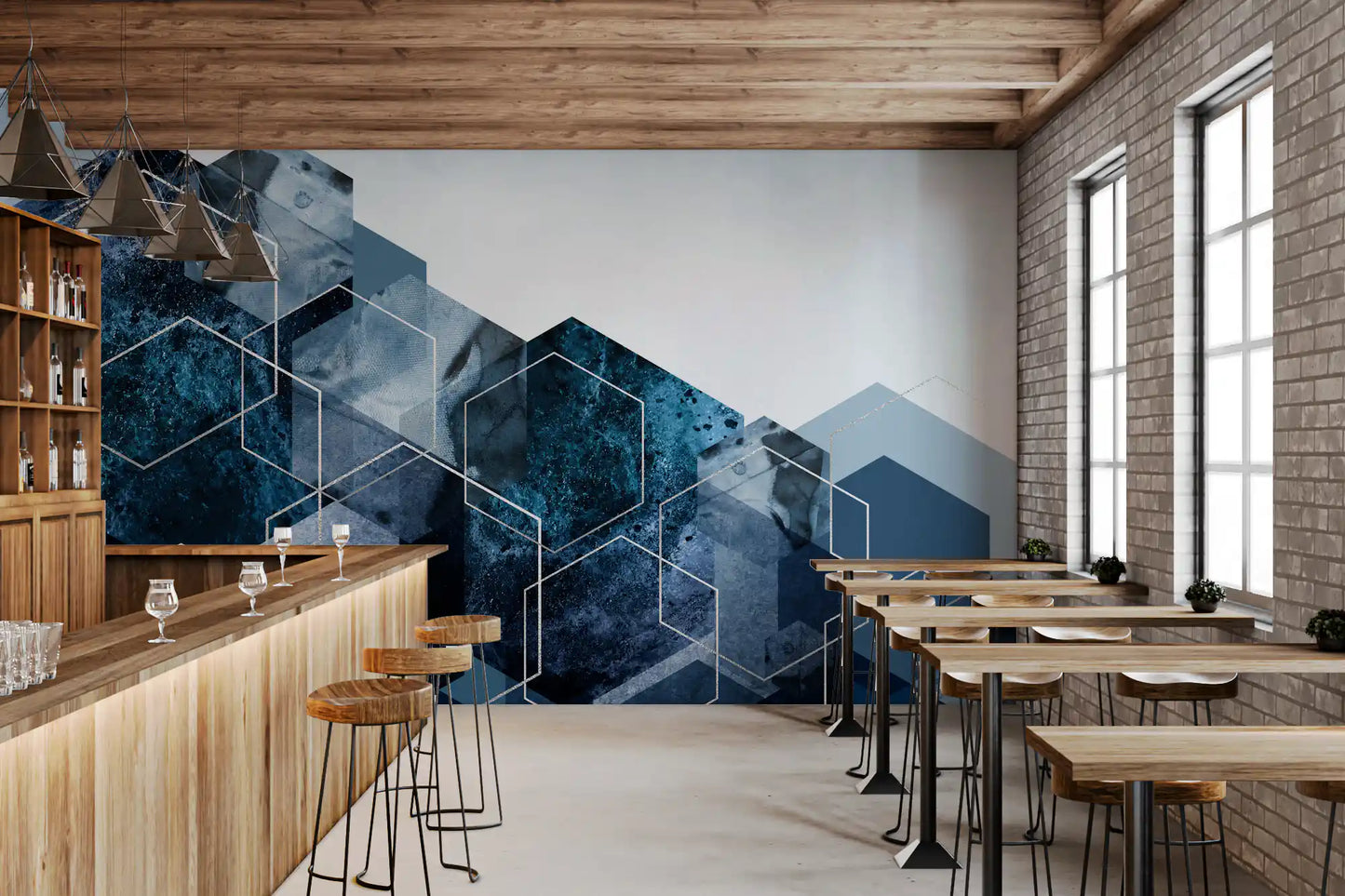 Hexagon Strata: Moderne blå og sølv veggmaleri