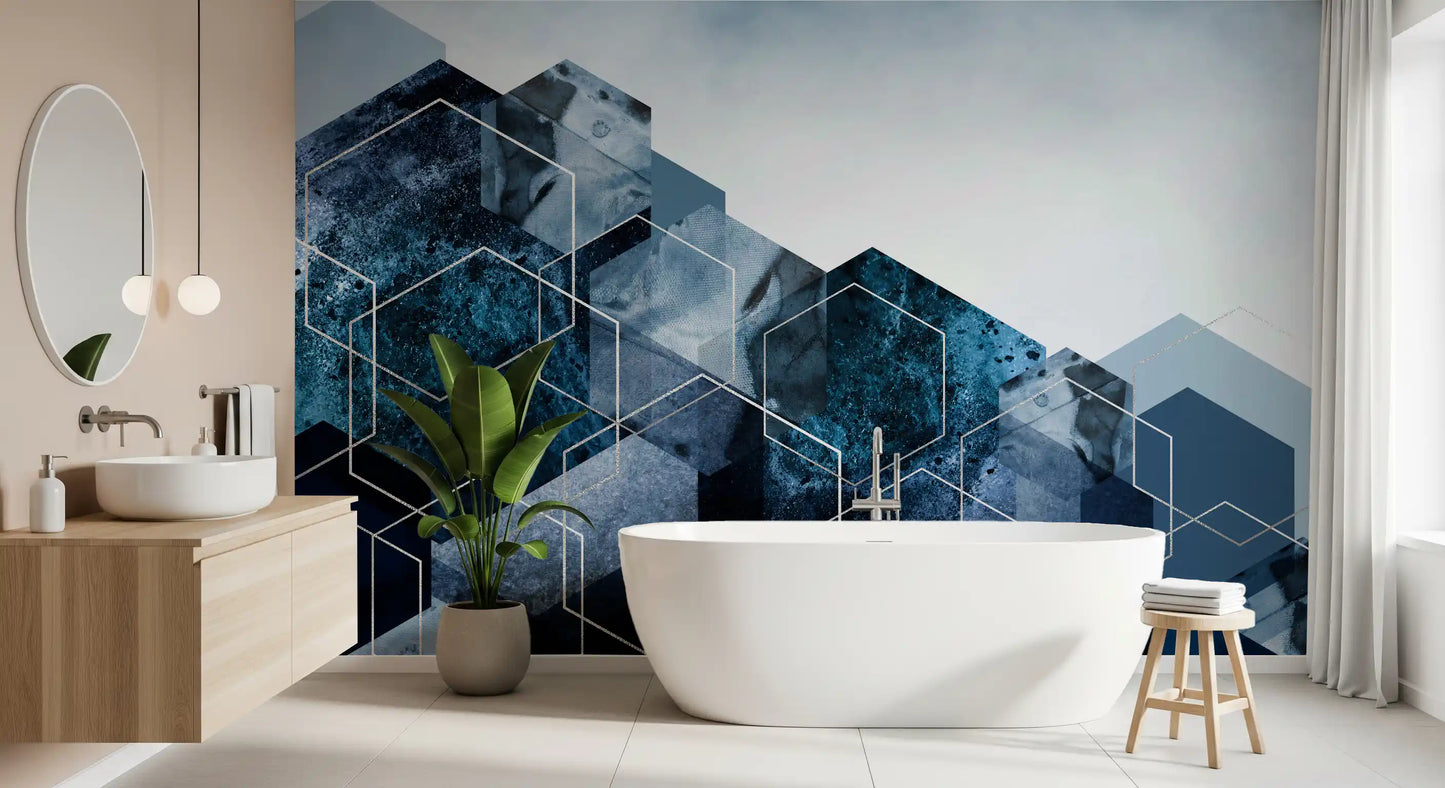 Hexagon Strata: Moderne blå og sølv veggmaleri