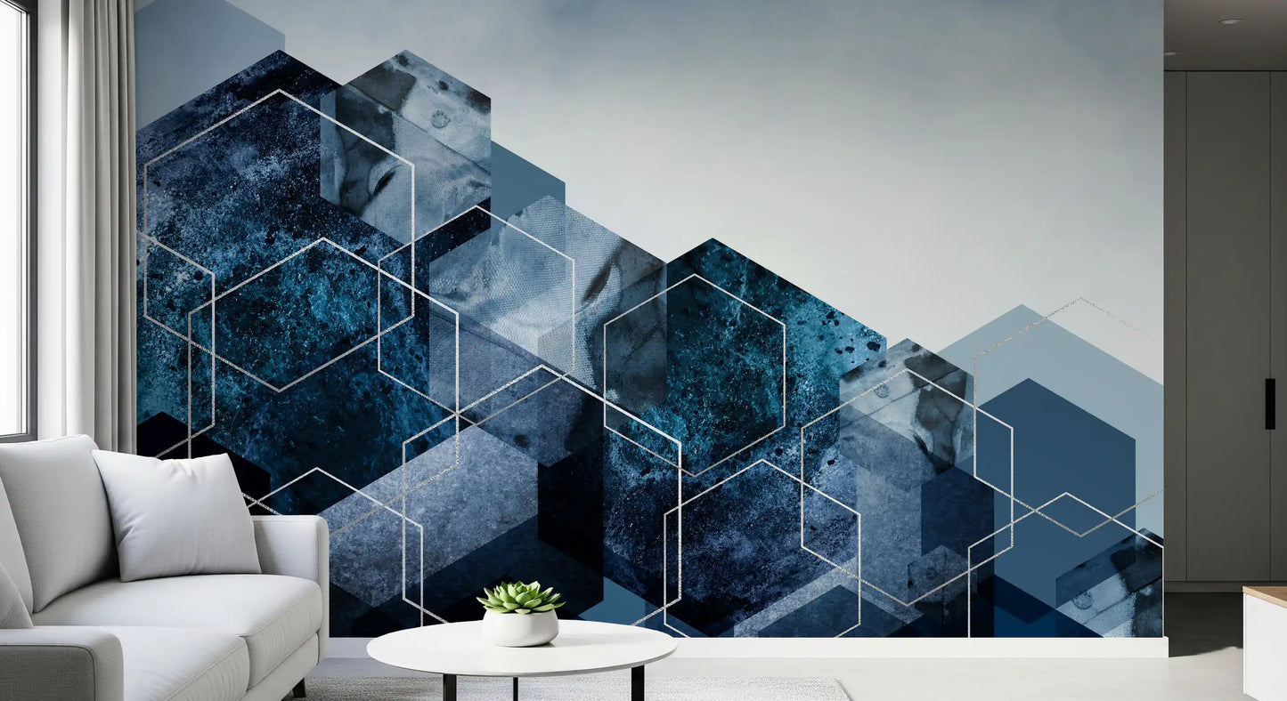 Hexagon Strata: Moderne blå og sølv veggmaleri