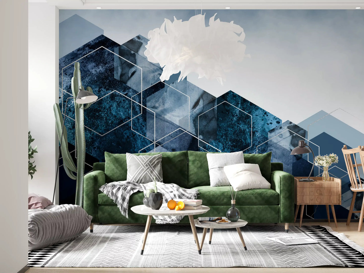 Hexagon Strata: Moderne blå og sølv veggmaleri