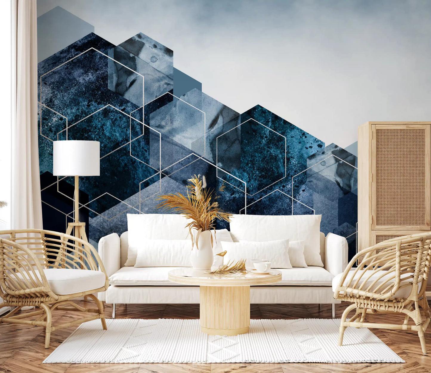 Hexagon Strata: Moderne blå og sølv veggmaleri