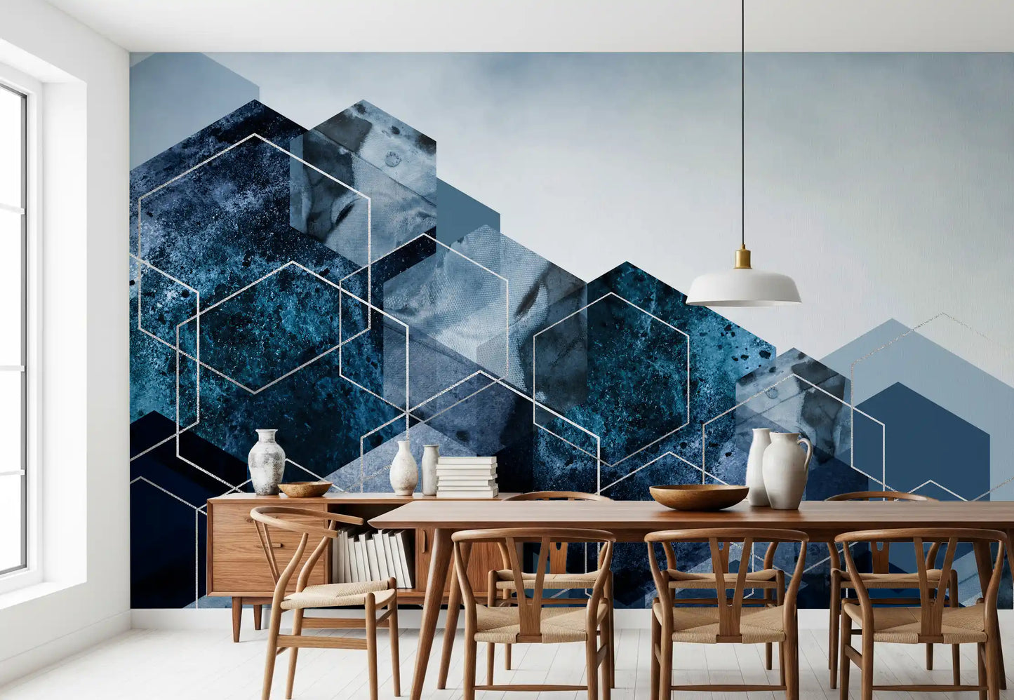 Hexagon Strata: Moderne blå og sølv veggmaleri