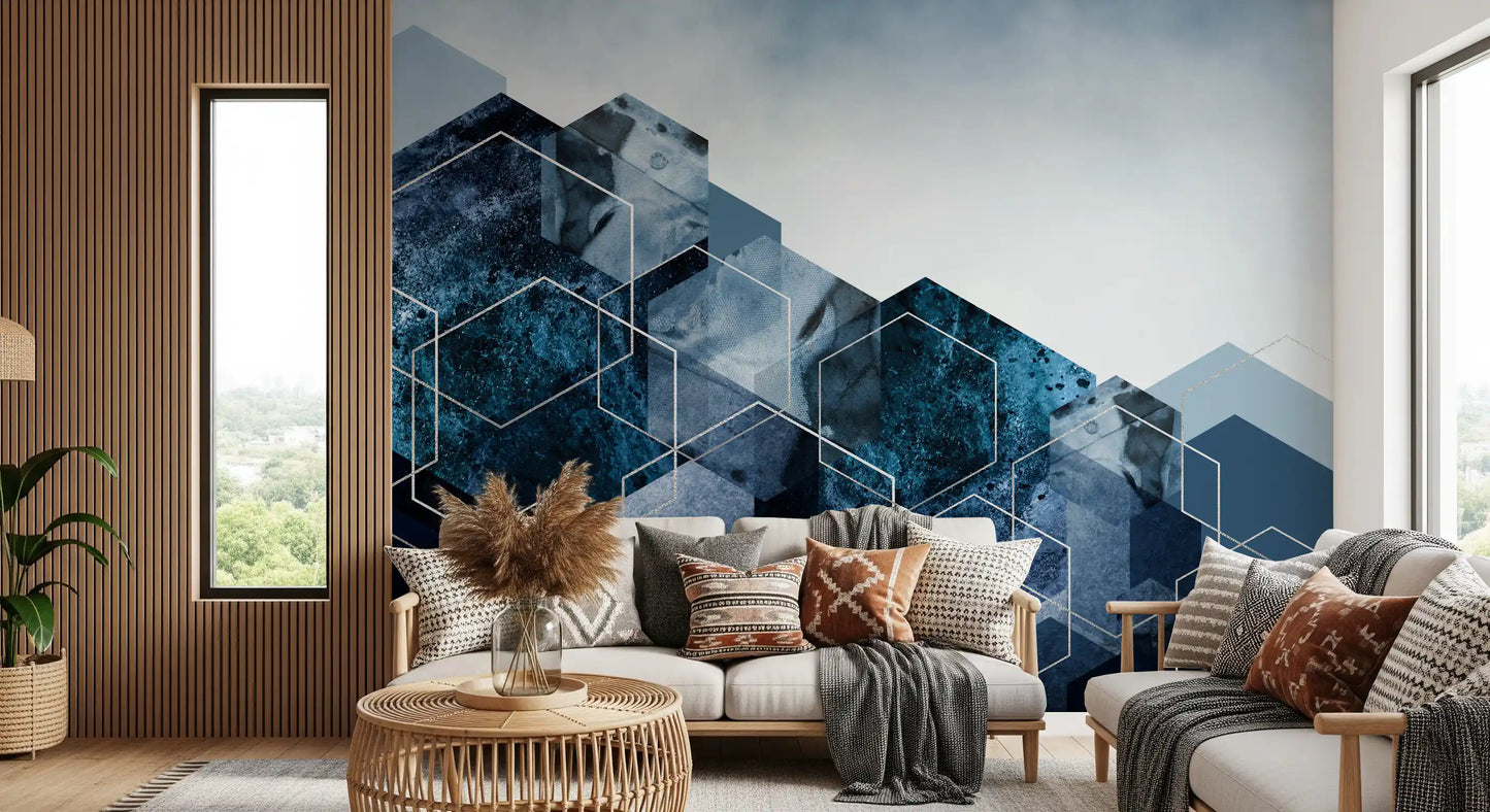 Hexagon Strata: Moderne blå og sølv veggmaleri