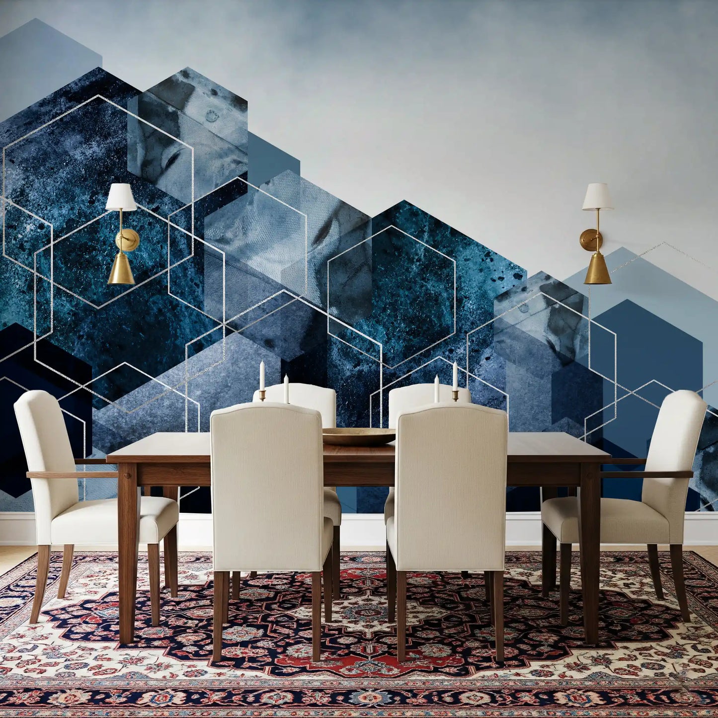 Hexagon Strata: Moderne blå og sølv veggmaleri