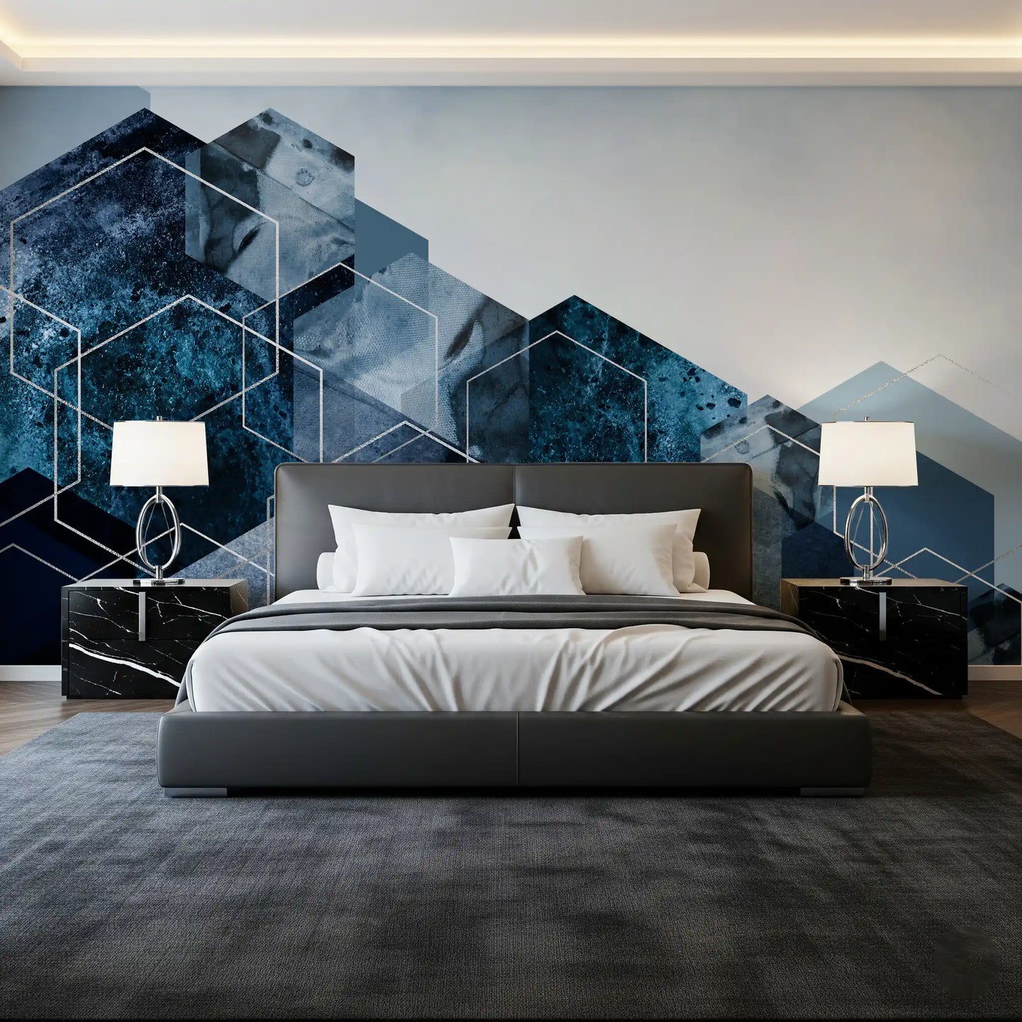 Hexagon Strata: Moderne blå og sølv veggmaleri