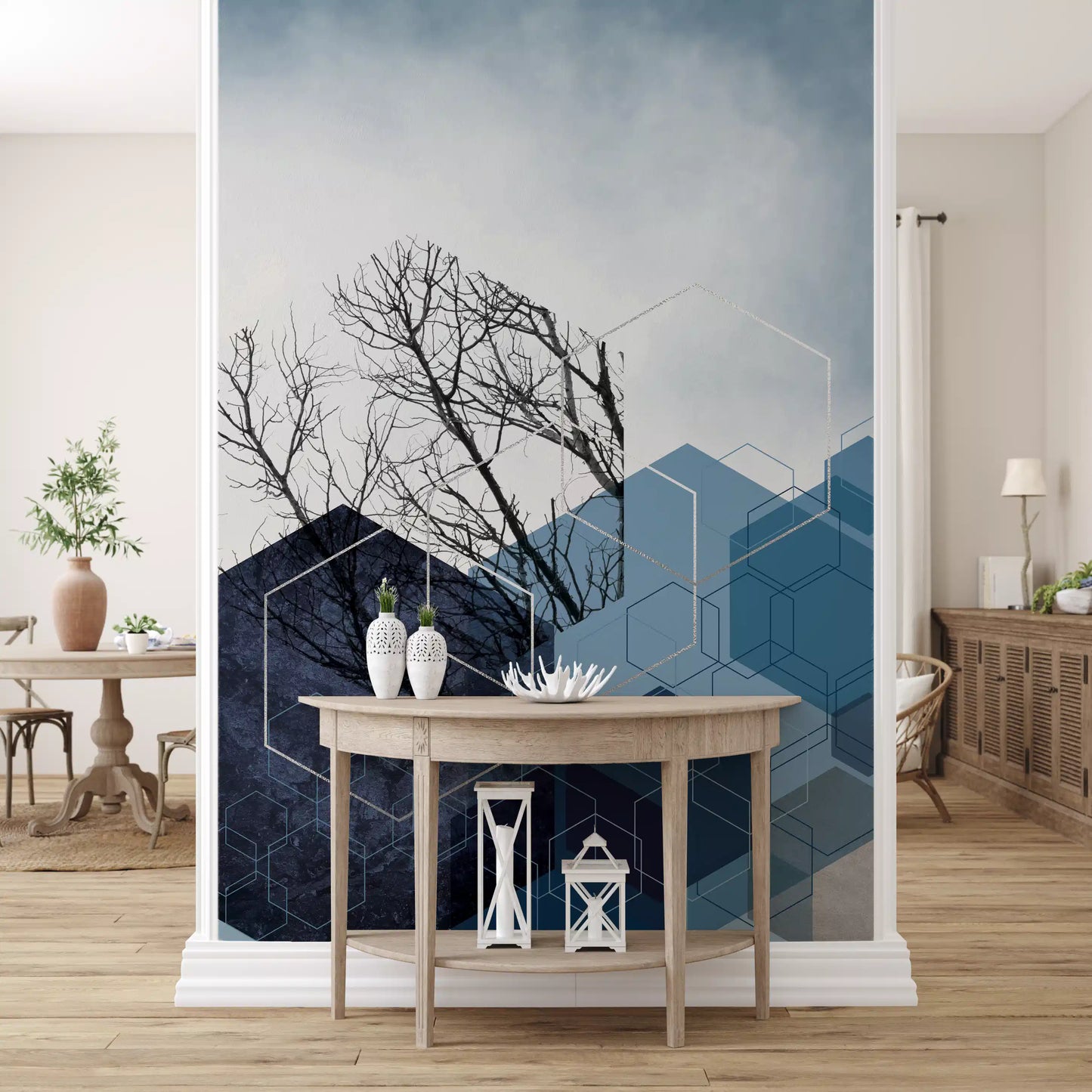 Blue Hexagon Winter Branch Wall Mural
