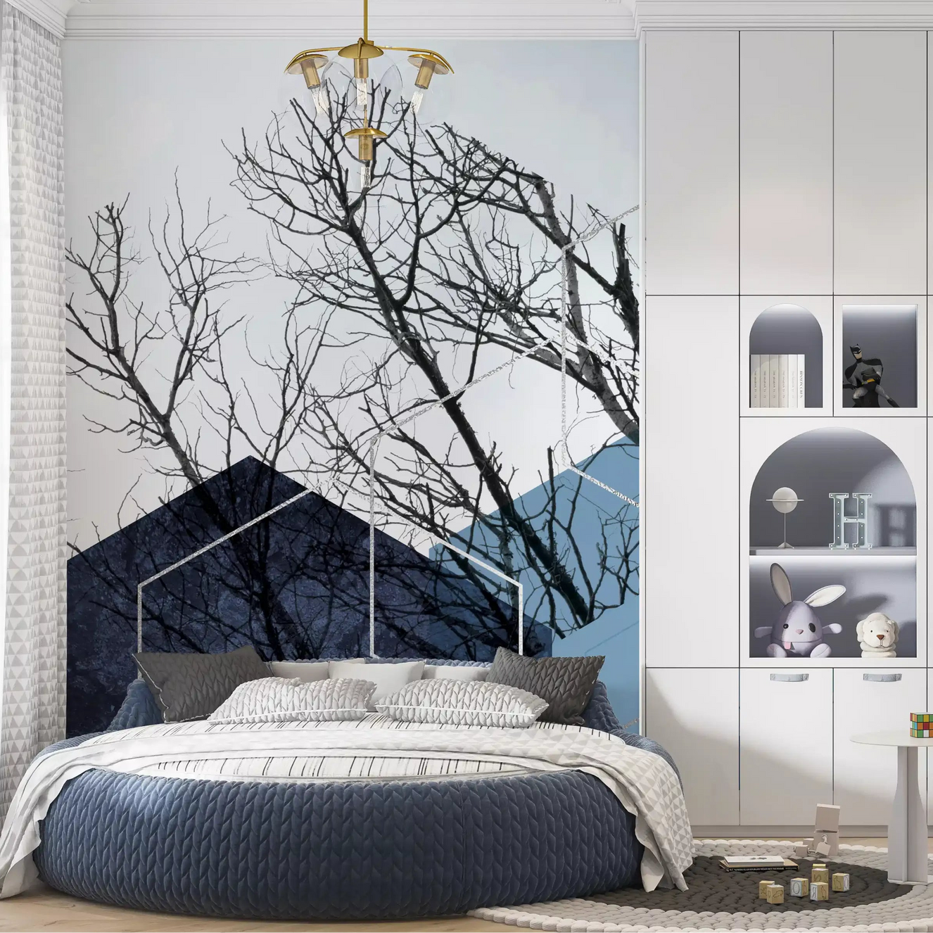 Bedroom finished in the Blue Hexagon Winter Branch wall mural 