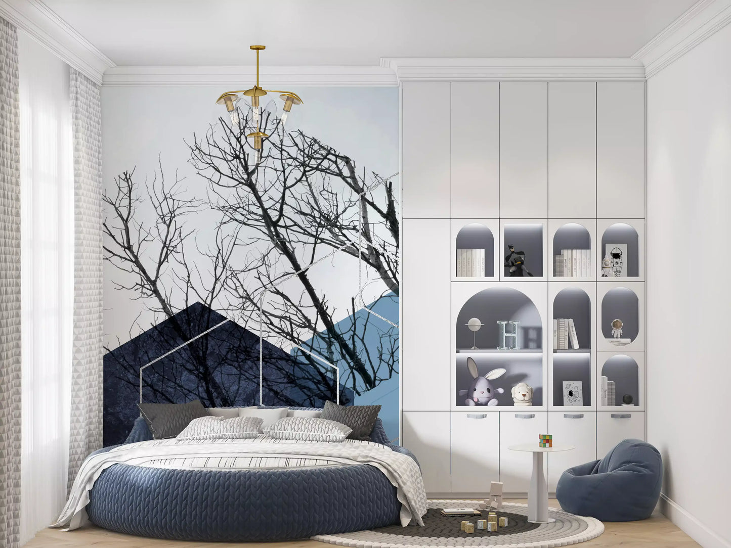 Blue Hexagon Winter Branch Wall Mural