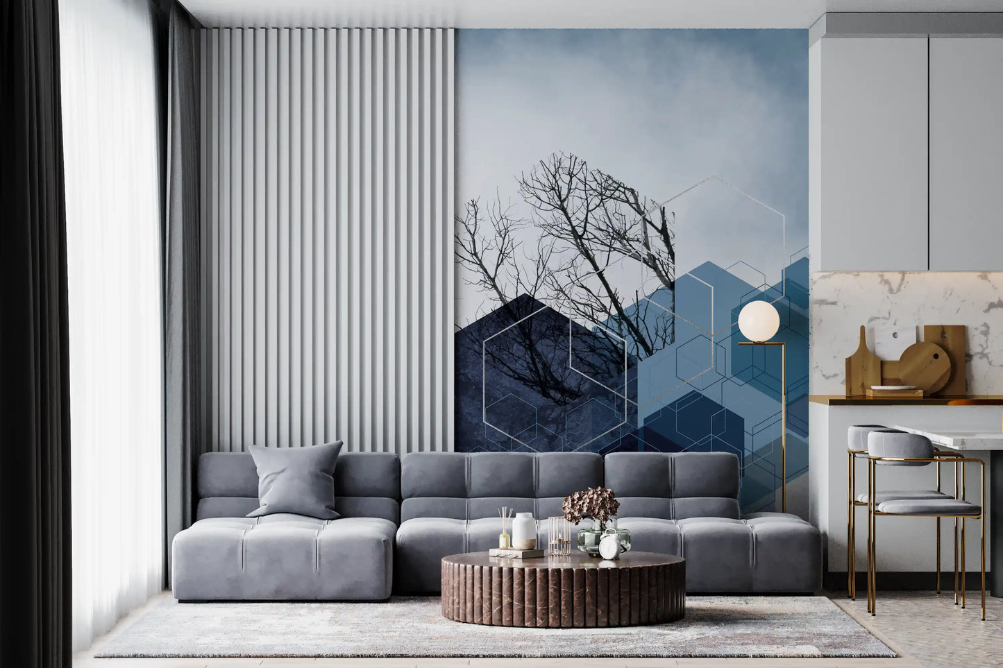 Blue Hexagon Winter Branch Wall Mural