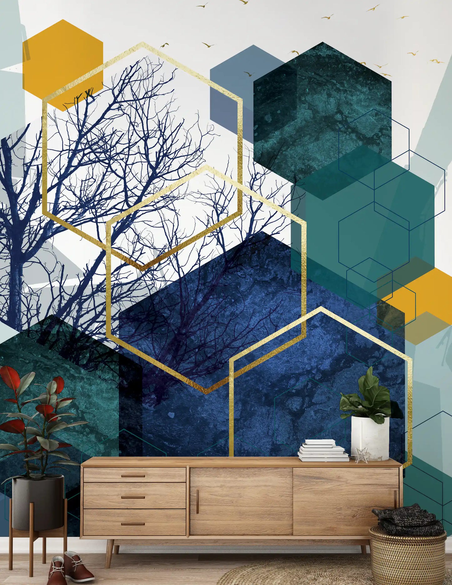 Goldener Zweig Geometrie Wandbild