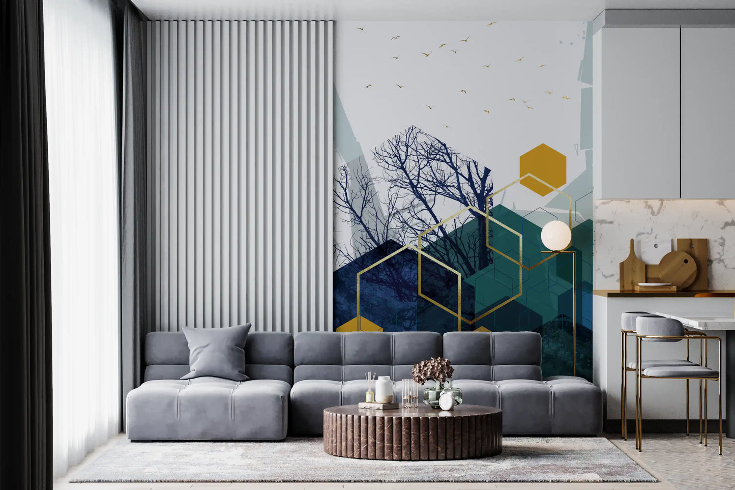 Fototapeta Azure Branches & Gold Hexes