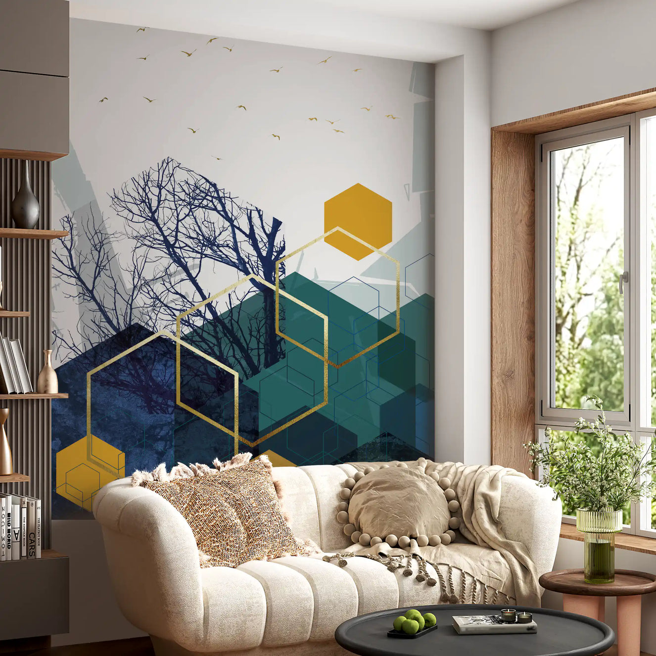 Golden hexagons and dark branches catch the eye in a Living room wall mural