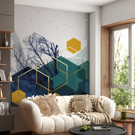 Golden hexagons and dark branches catch the eye in a Living room wall mural