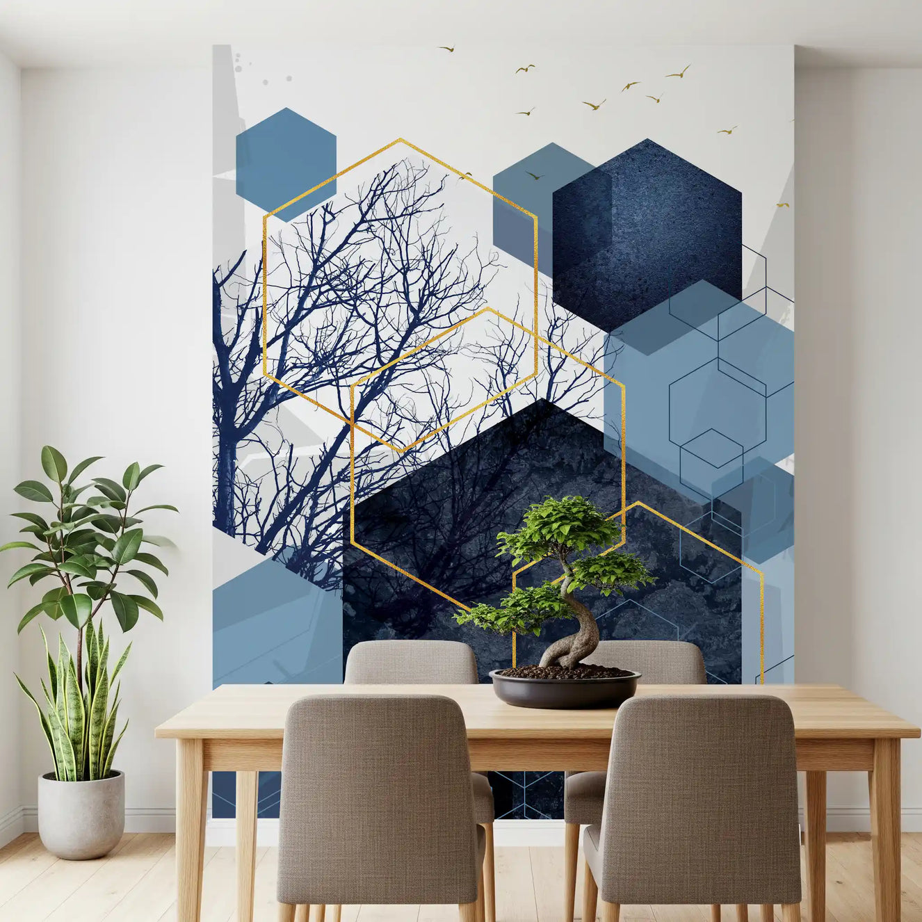 Navy and gold hexagons sit behind the Azure Geometry wall mural in this dining room.