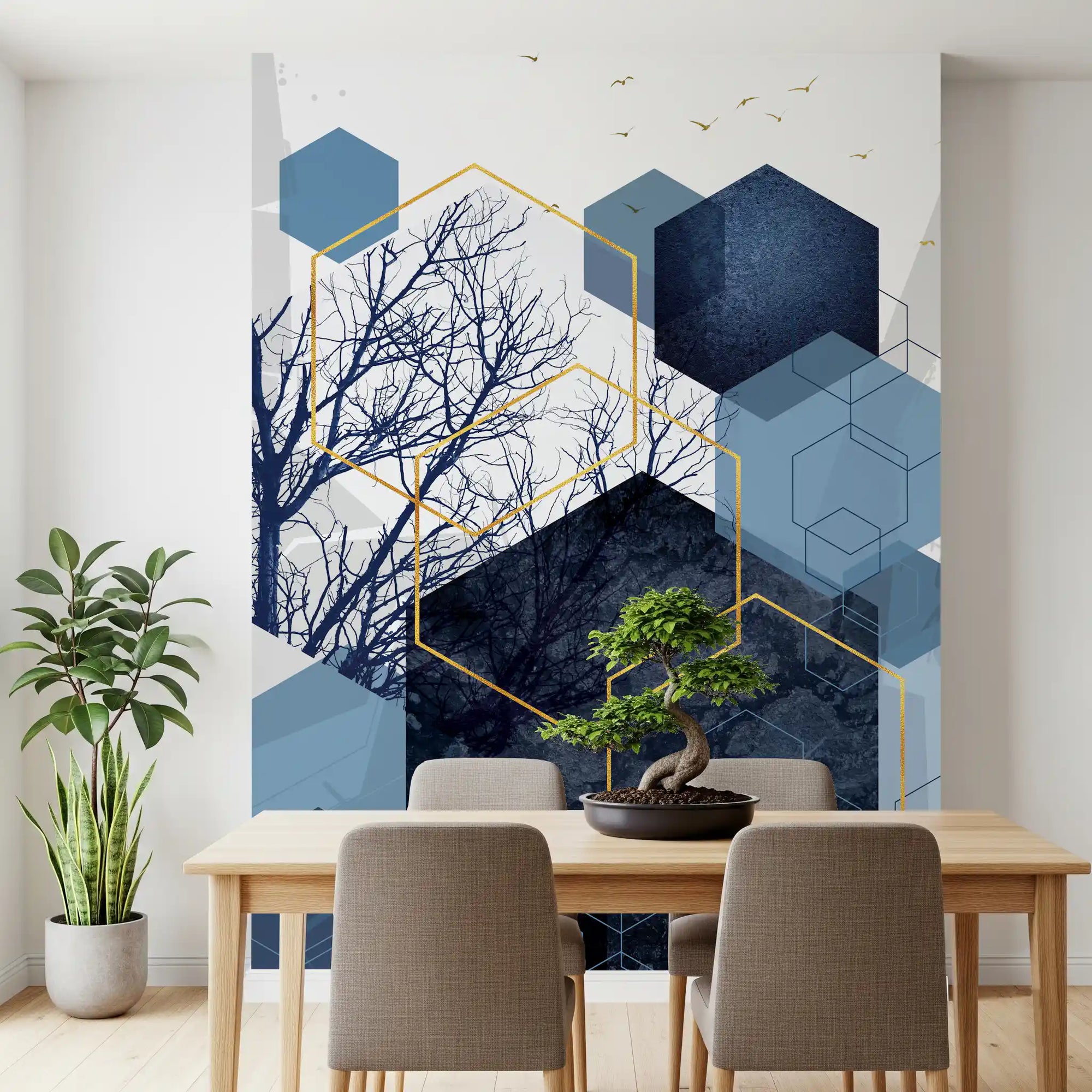 Navy and gold hexagons sit behind the Azure Geometry wall mural in this dining room.