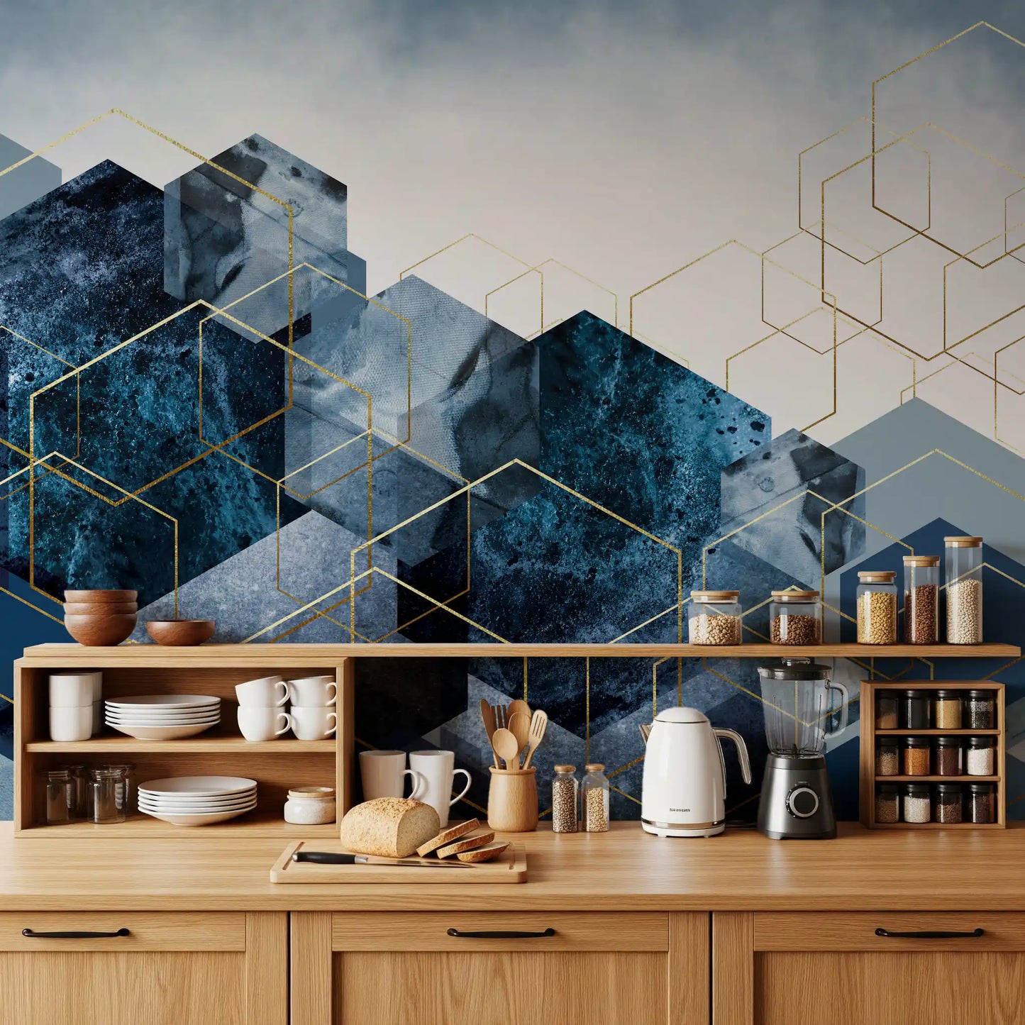 Goldene Hexagon-Kaskaden-Wandtapete