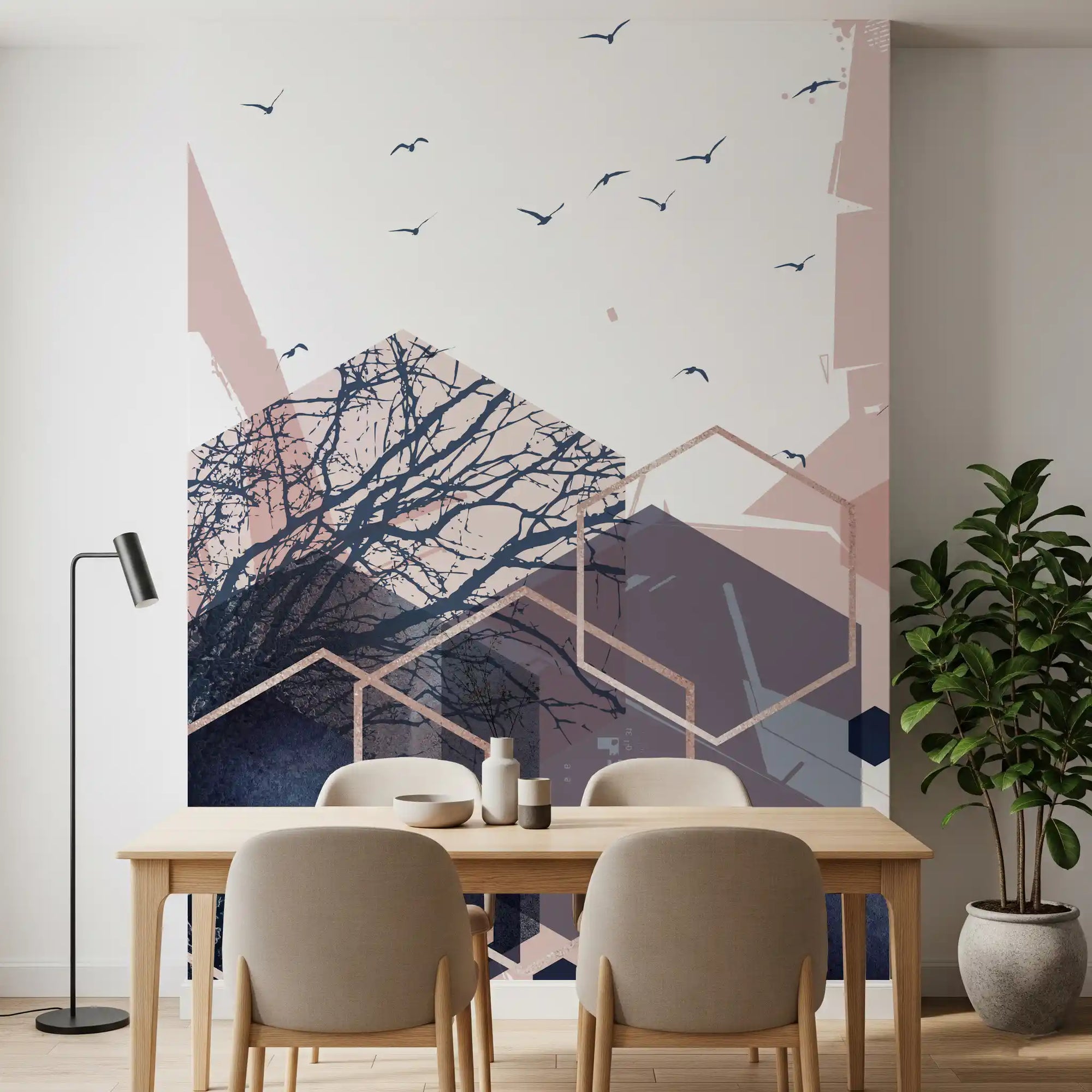 Hexagon branches and birds spread across a dining room wall mural in navy and blush