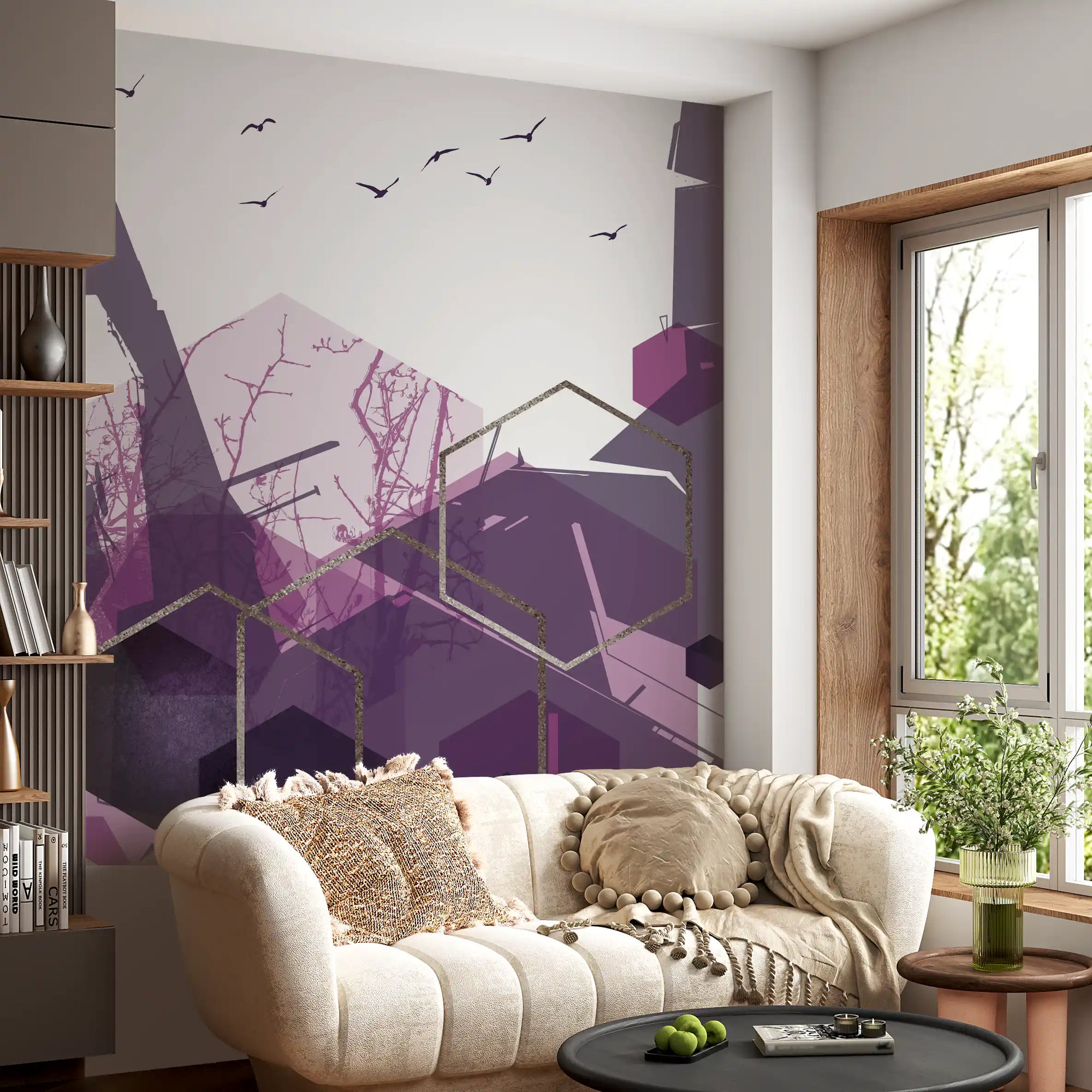 Living room corner styled with the Amethyst Sky Geometric Flight wall mural 
