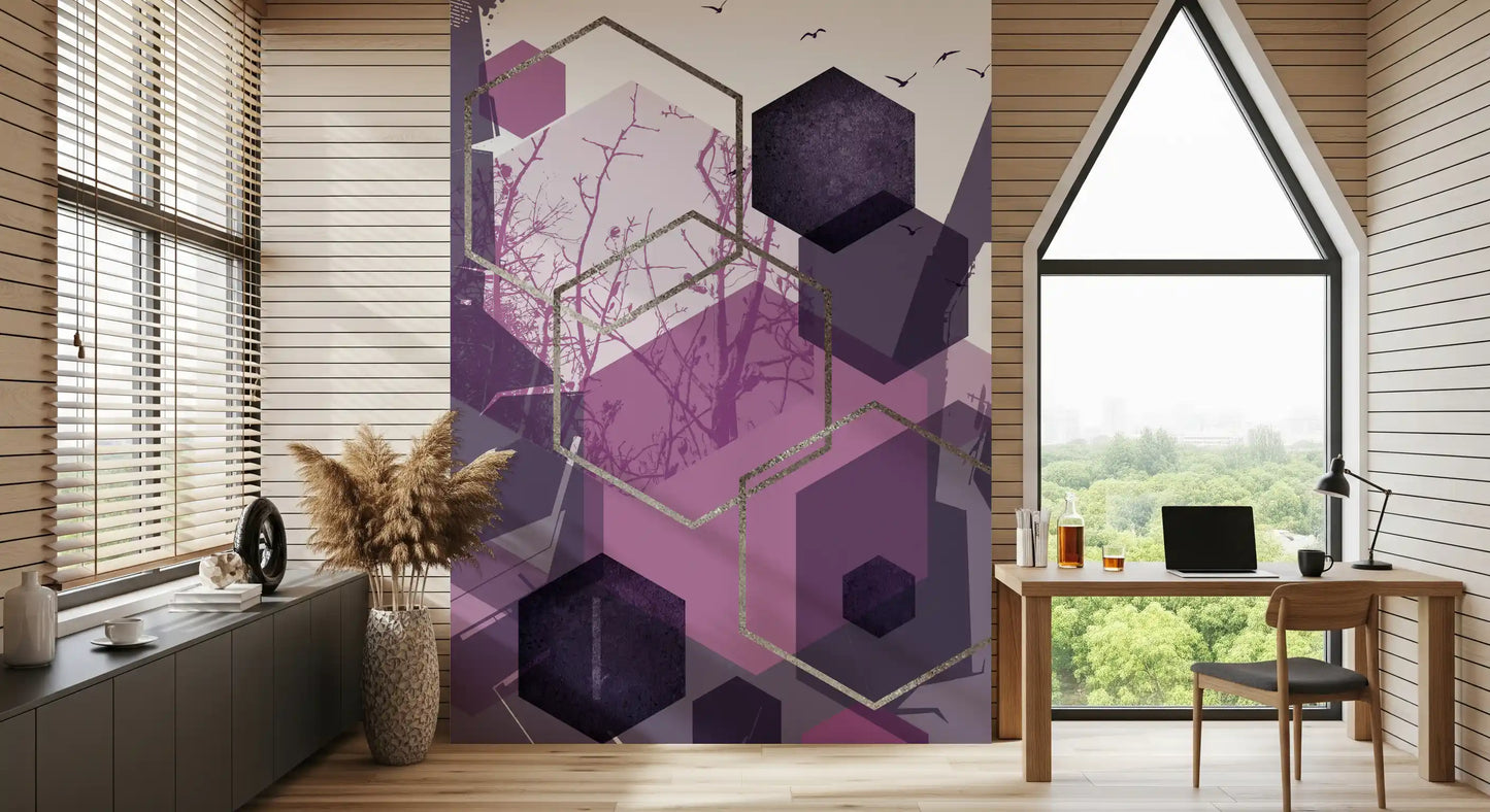 Close hexagon section of the wall mural showing plum, mauve, and pale lilac shades
