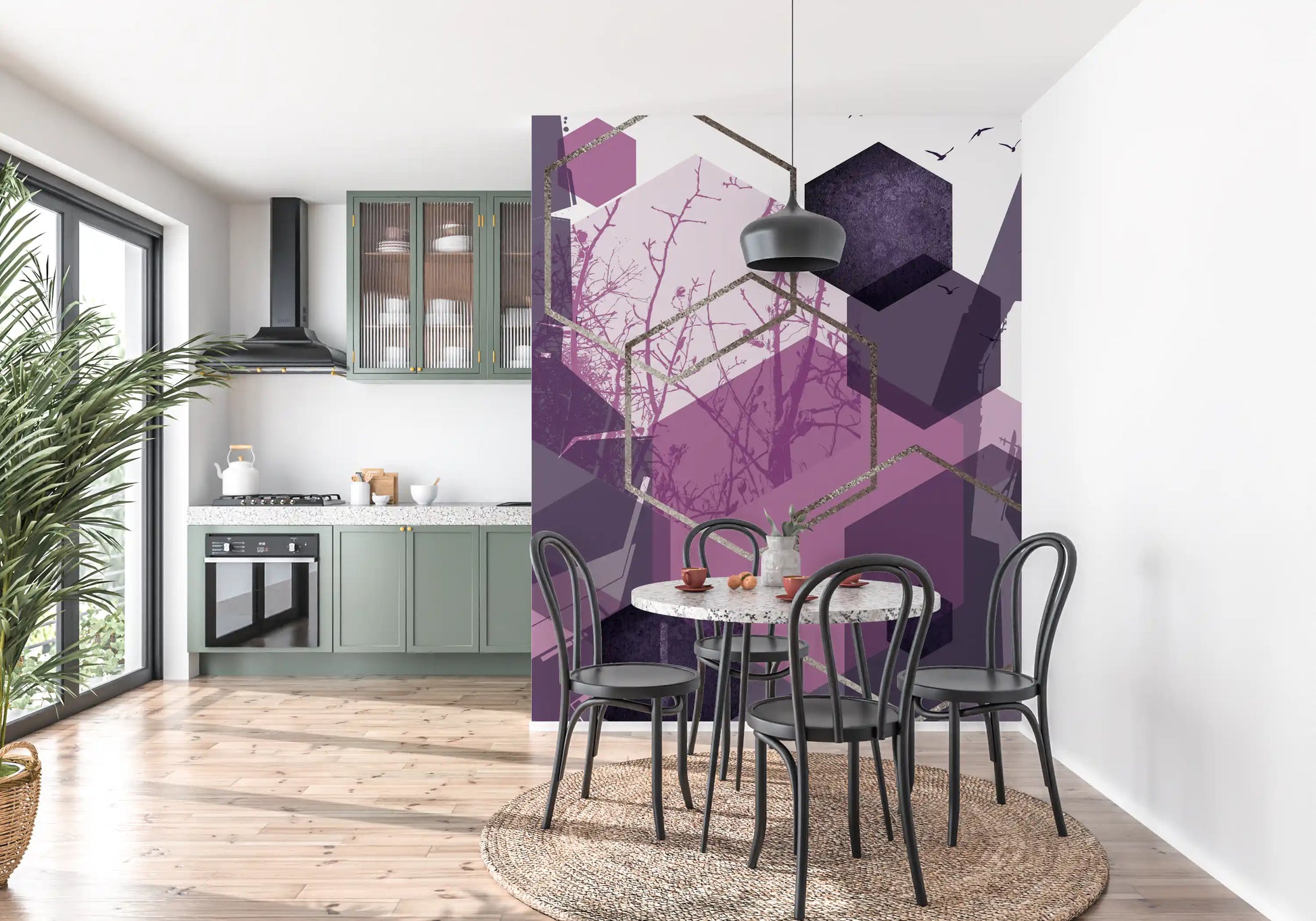 Kitchen and dining backed by the Geometric Flight wall mural in mulberry and mauve tones