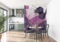 Kitchen and dining backed by the Geometric Flight wall mural in mulberry and mauve tones