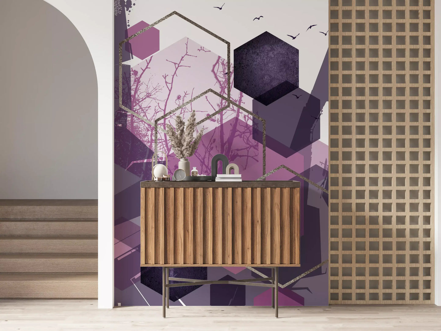 Amethyst Sky Geometric Flight wall mural with layered violet hexagons and bare branches