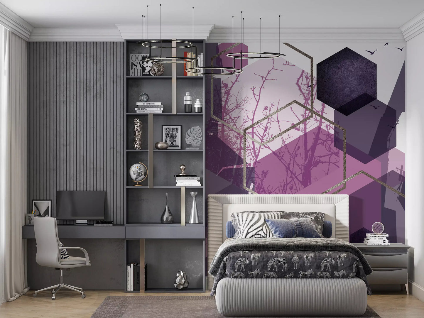 Bedroom finished with the Geometric Flight wall mural in plum and gold accents