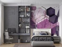 Bedroom finished with the Geometric Flight wall mural in plum and gold accents