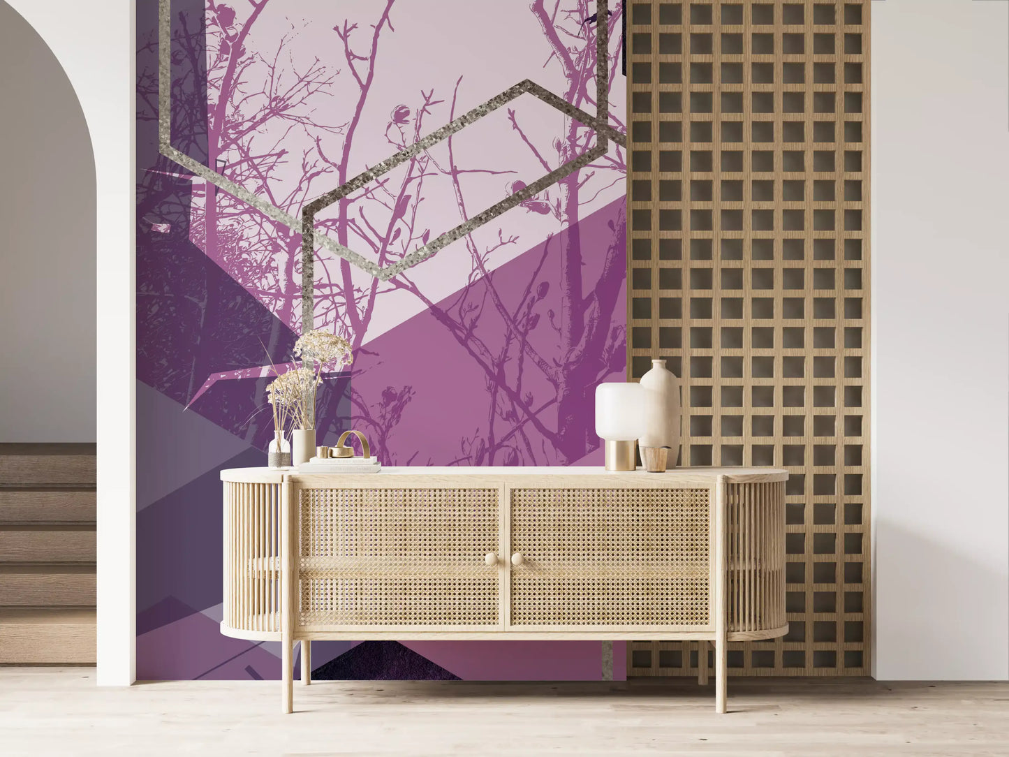 Tiny bird silhouettes drifting above the hexagon cluster on this purple wall mural