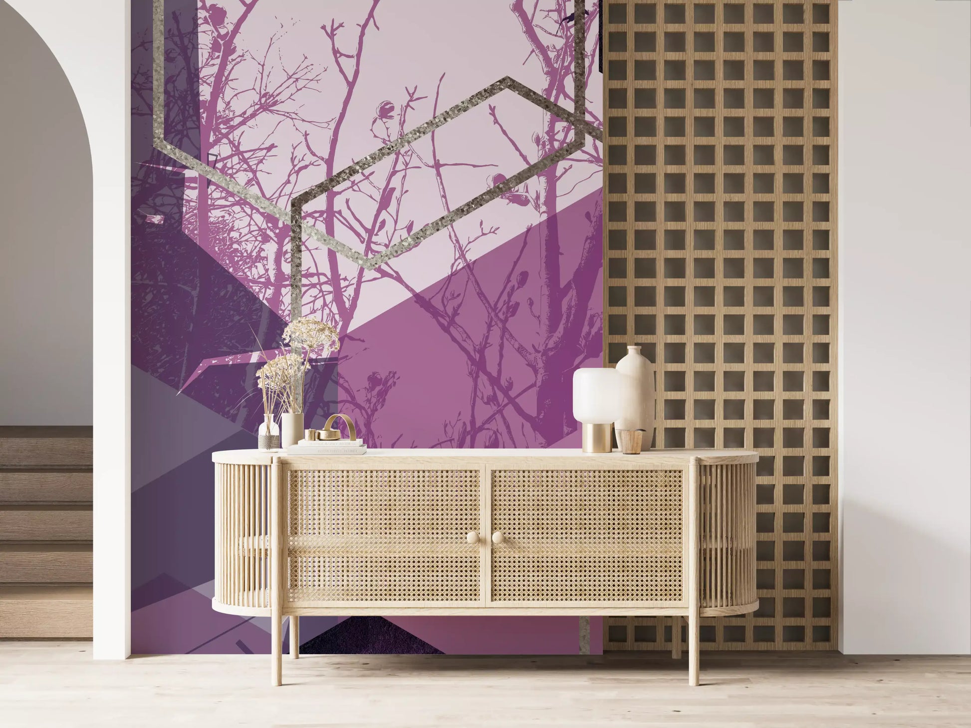 Tiny bird silhouettes drifting above the hexagon cluster on this purple wall mural