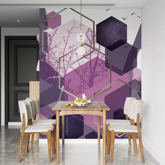 Geometric Flight wall mural styling a dining room with timber chairs and clean lines