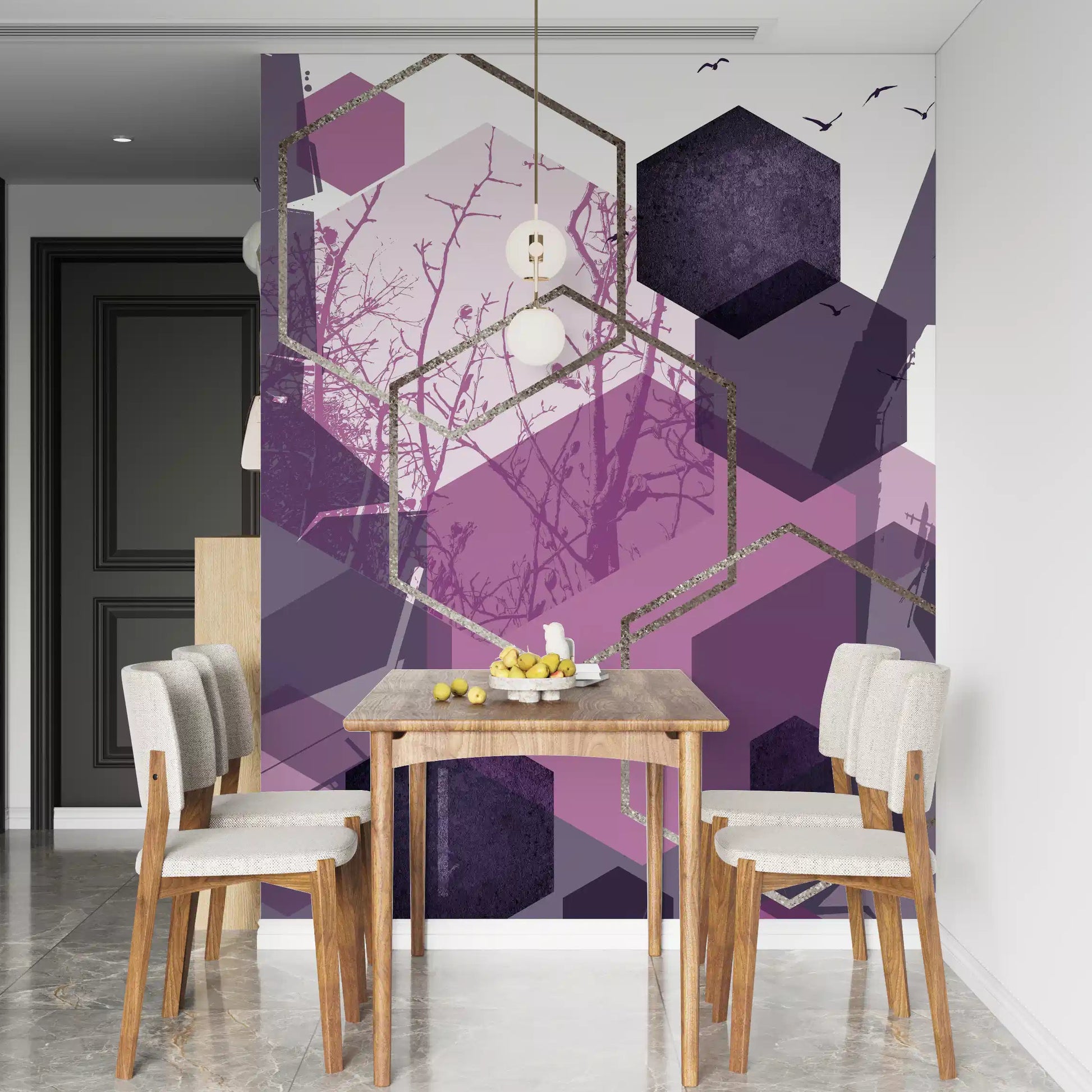Geometric Flight wall mural styling a dining room with timber chairs and clean lines