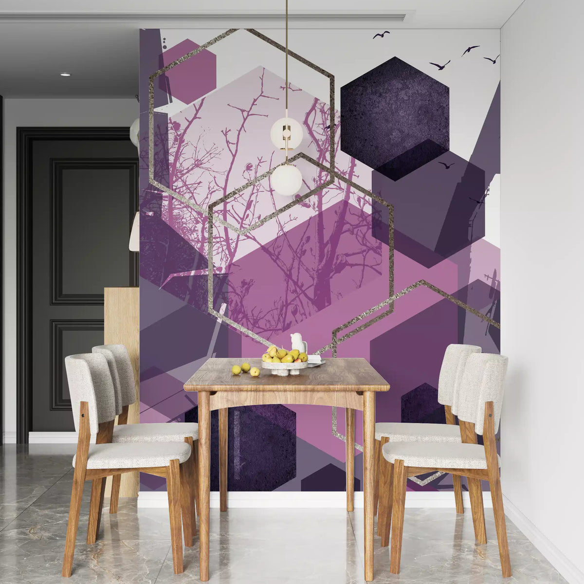 Geometric Flight wall mural styling a dining room with timber chairs and clean lines