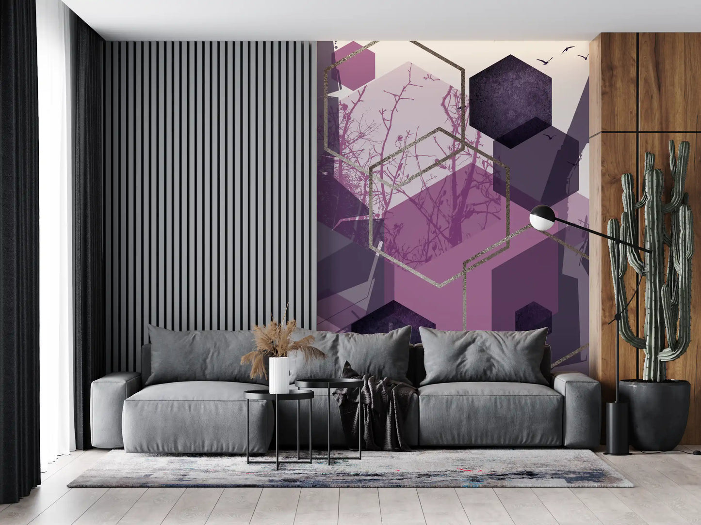 Violet hexagon wall mural sitting behind a lounge sofa in a relaxed living room