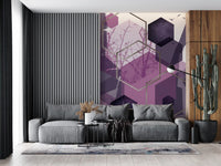 Violet hexagon wall mural sitting behind a lounge sofa in a relaxed living room