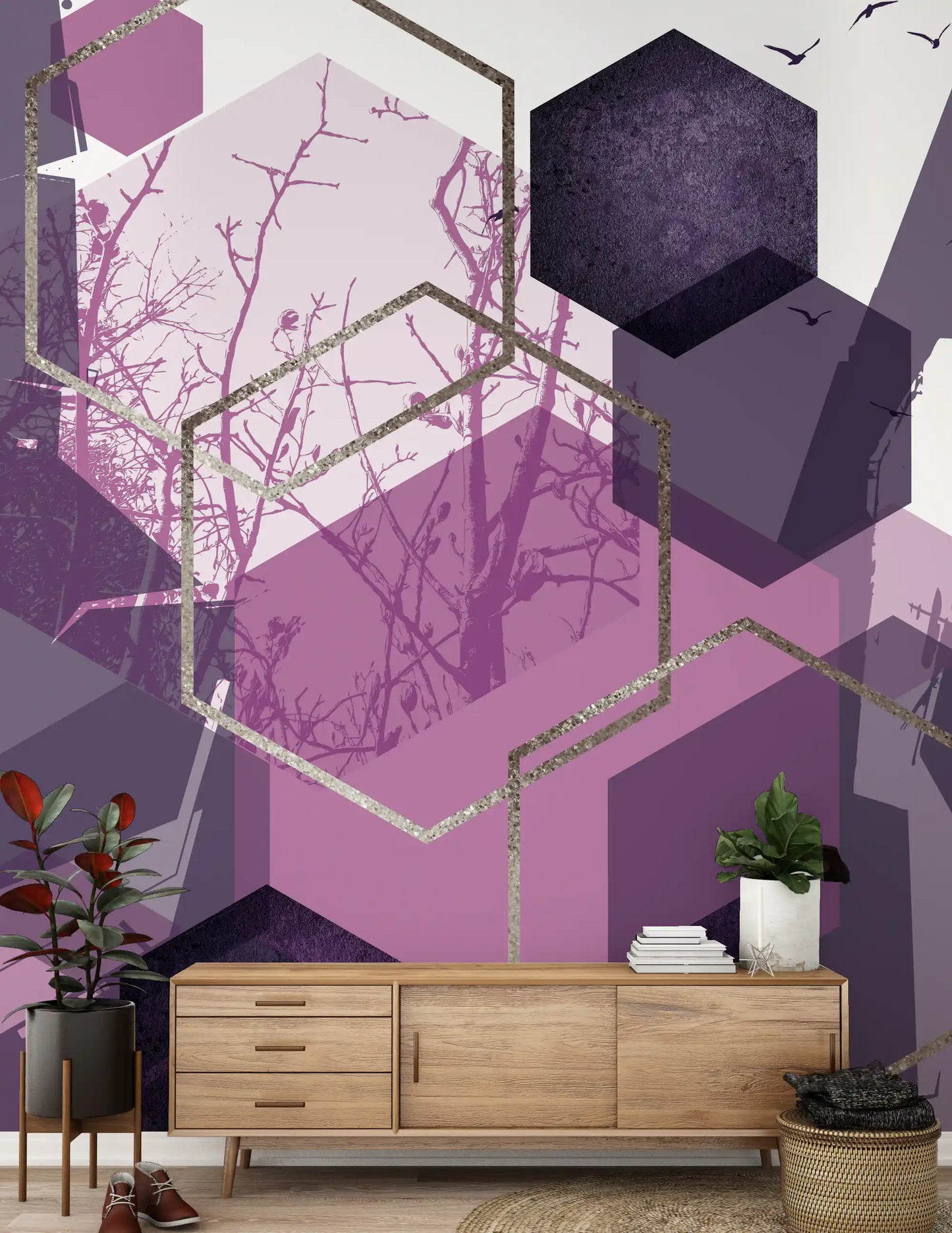 Hallway feature using the Amethyst Sky wall mural beside a dark sideboard