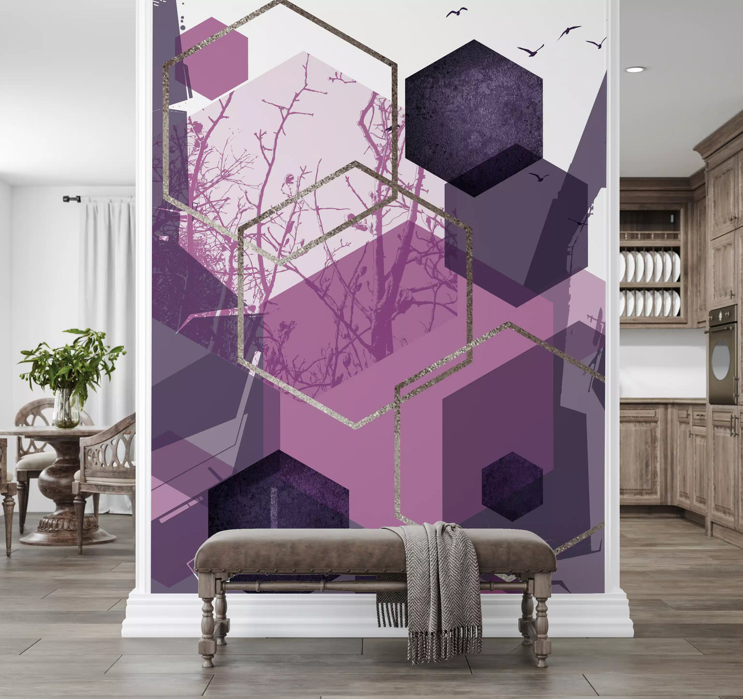 Gold outlined hexagons sitting over silhouetted trees in the Geometric Flight wall mural