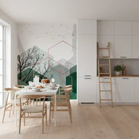 Bird flock detail across the upper section of this hexagon vista wall mural