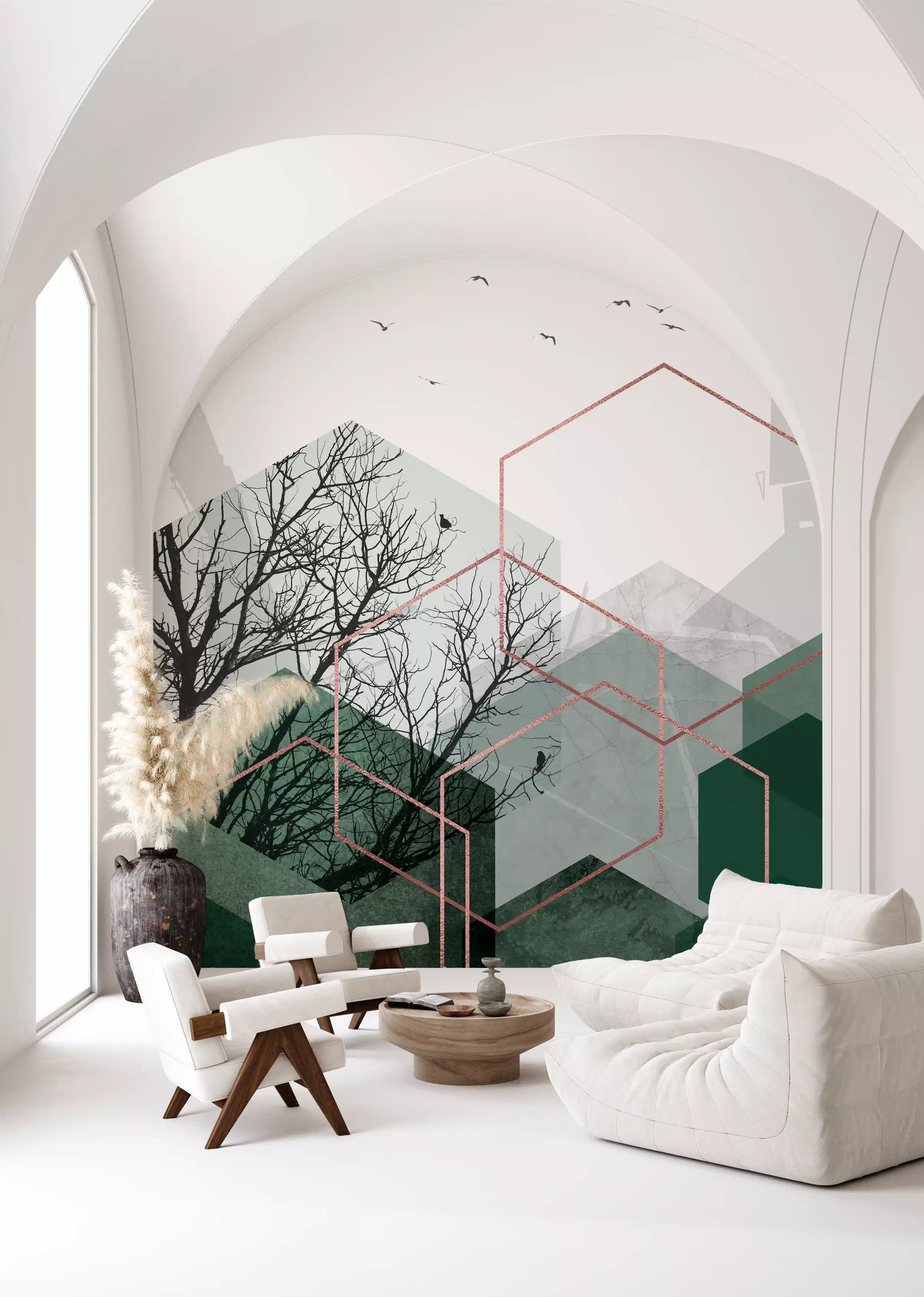 Living room seating scene where the Emerald Hexagon Vista wall mural fills the side panel
