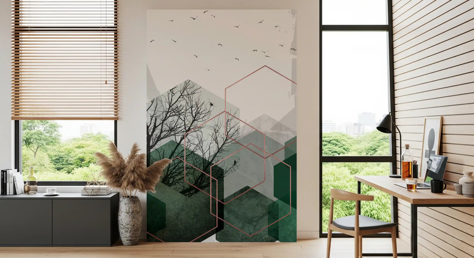 Layered green tones meeting grey sky in the Emerald Hexagon Vista wall mural