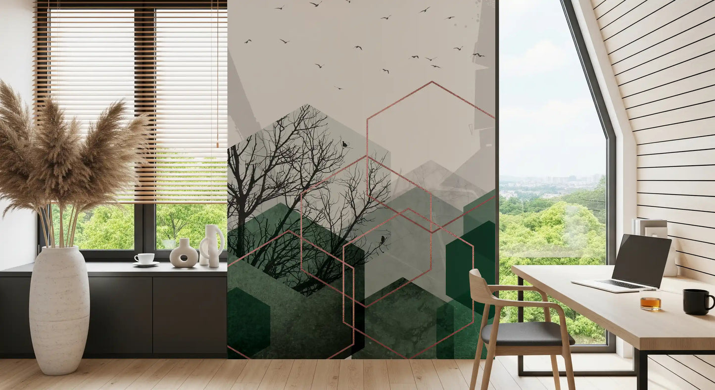 Close detail of emerald hexagons layered over bare branches in the wall mural